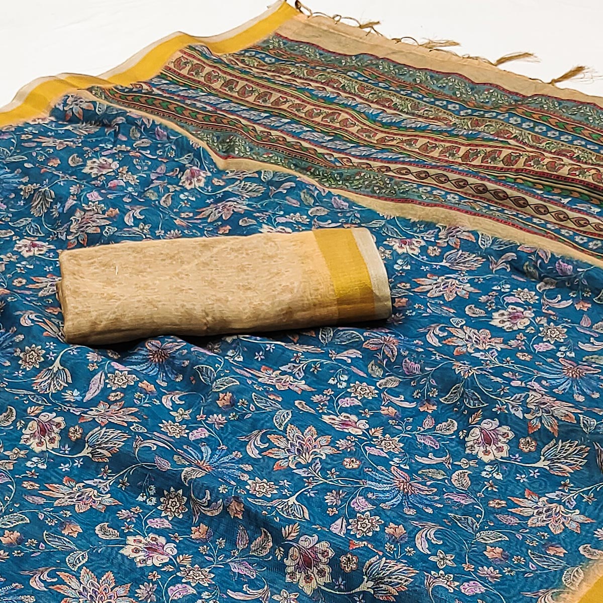 Blue Floral Digital Printed Linen Saree