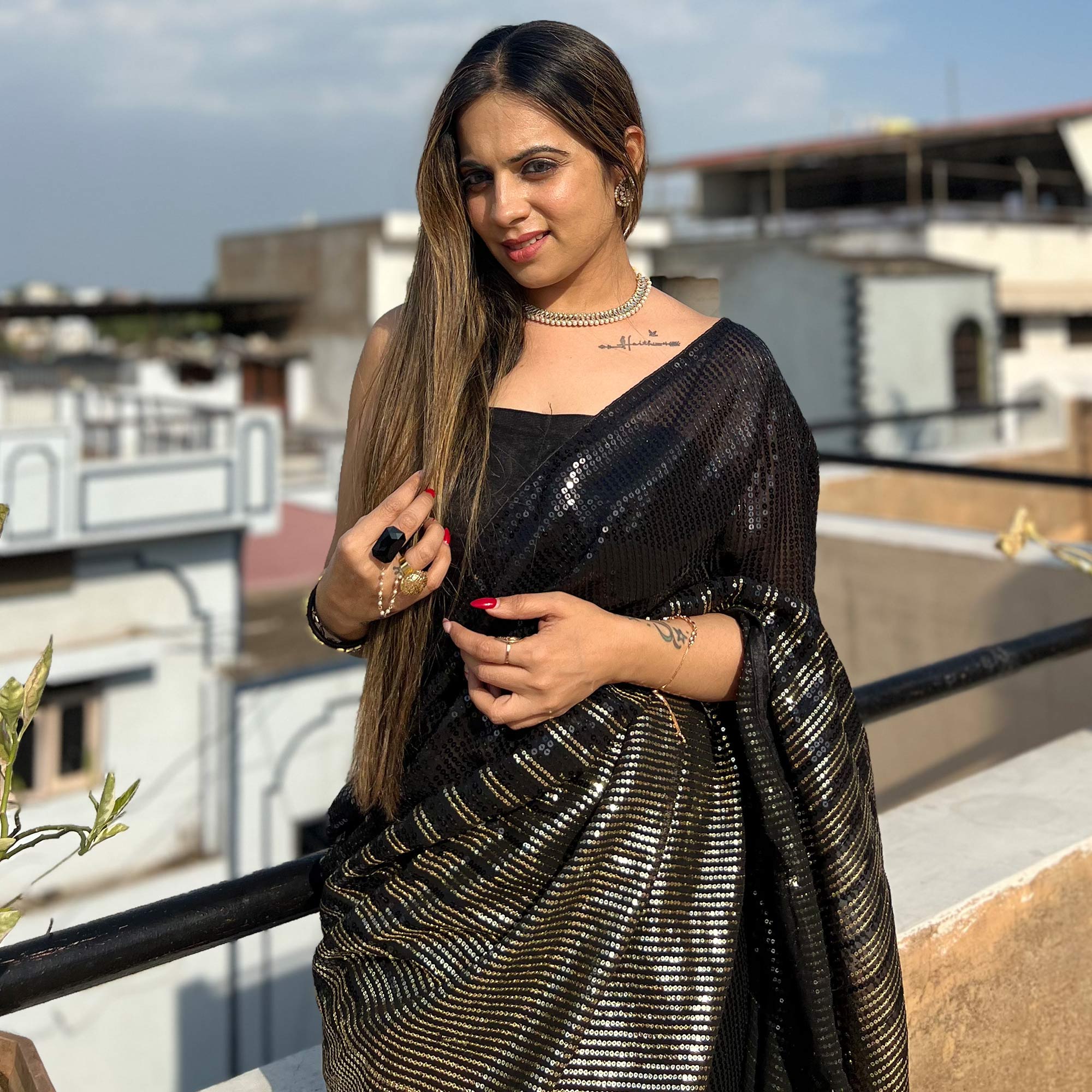 Black Sequins Embroidered Georgette Saree - Image 1