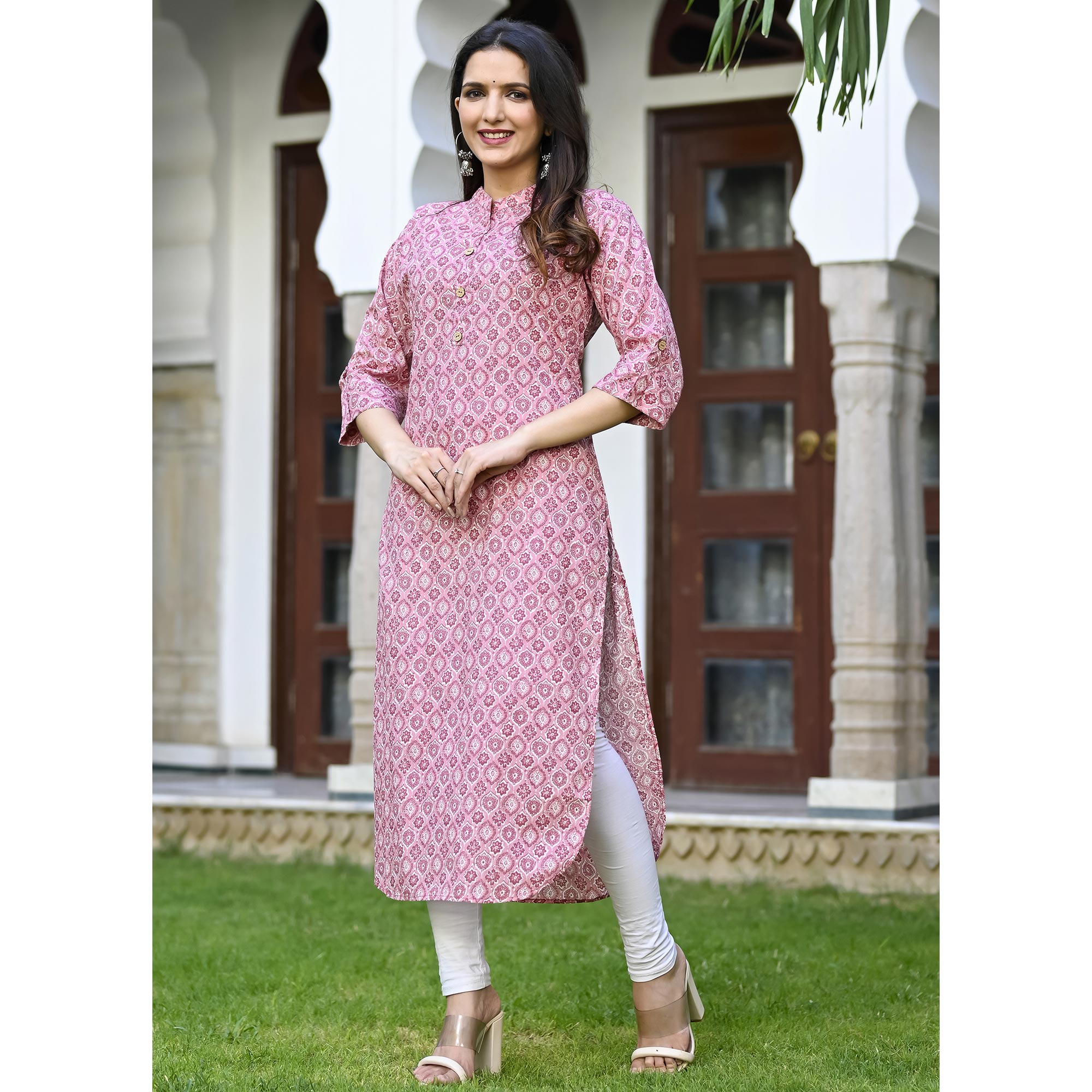 Pink Floral Printed Pure Cotton Kurti