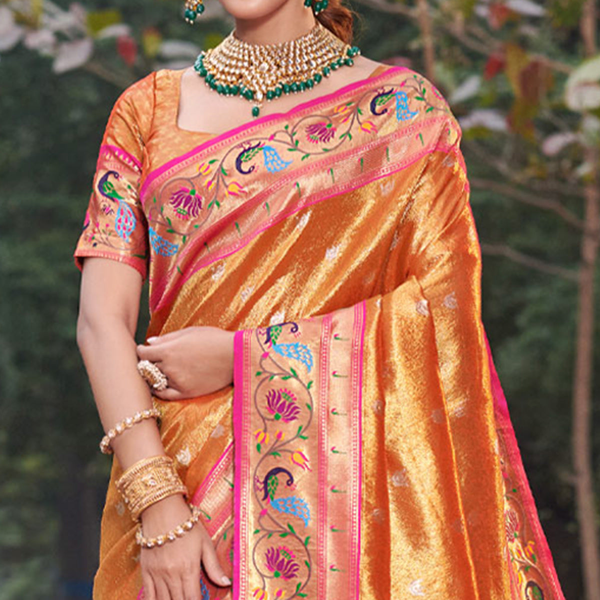 Orange Woven Art Silk Paithani Saree With Tassels - Image 1