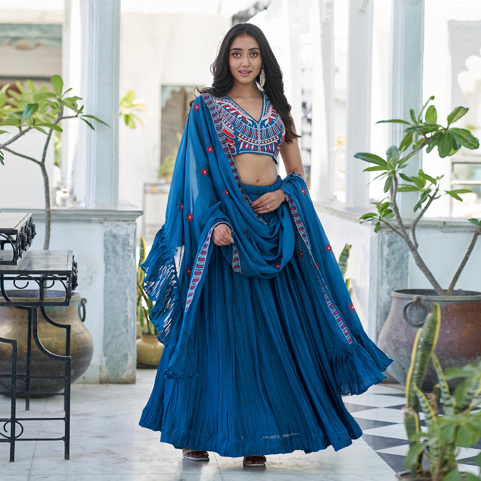 Blue Sequins Embroidered Chiffon Plated Lehenga Choli