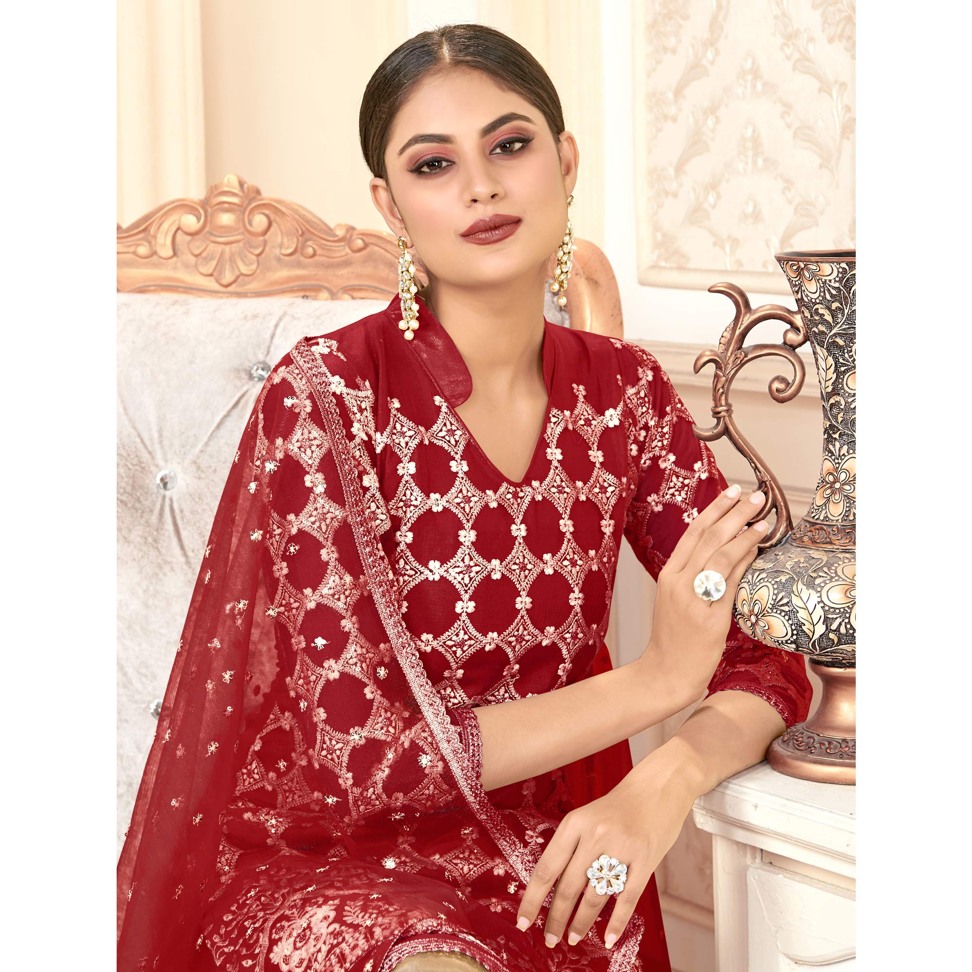 Maroon Sequins Embroidered Net Semi Stitched Suit - Image 1