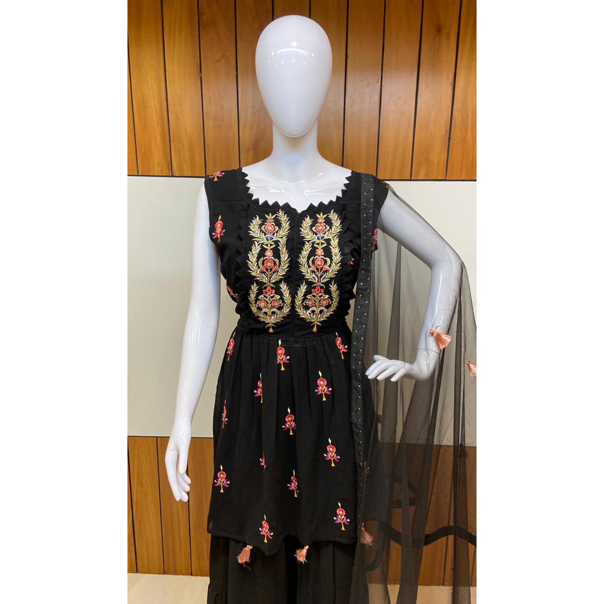 Black Floral Embroidered Georgette Sharara Suit