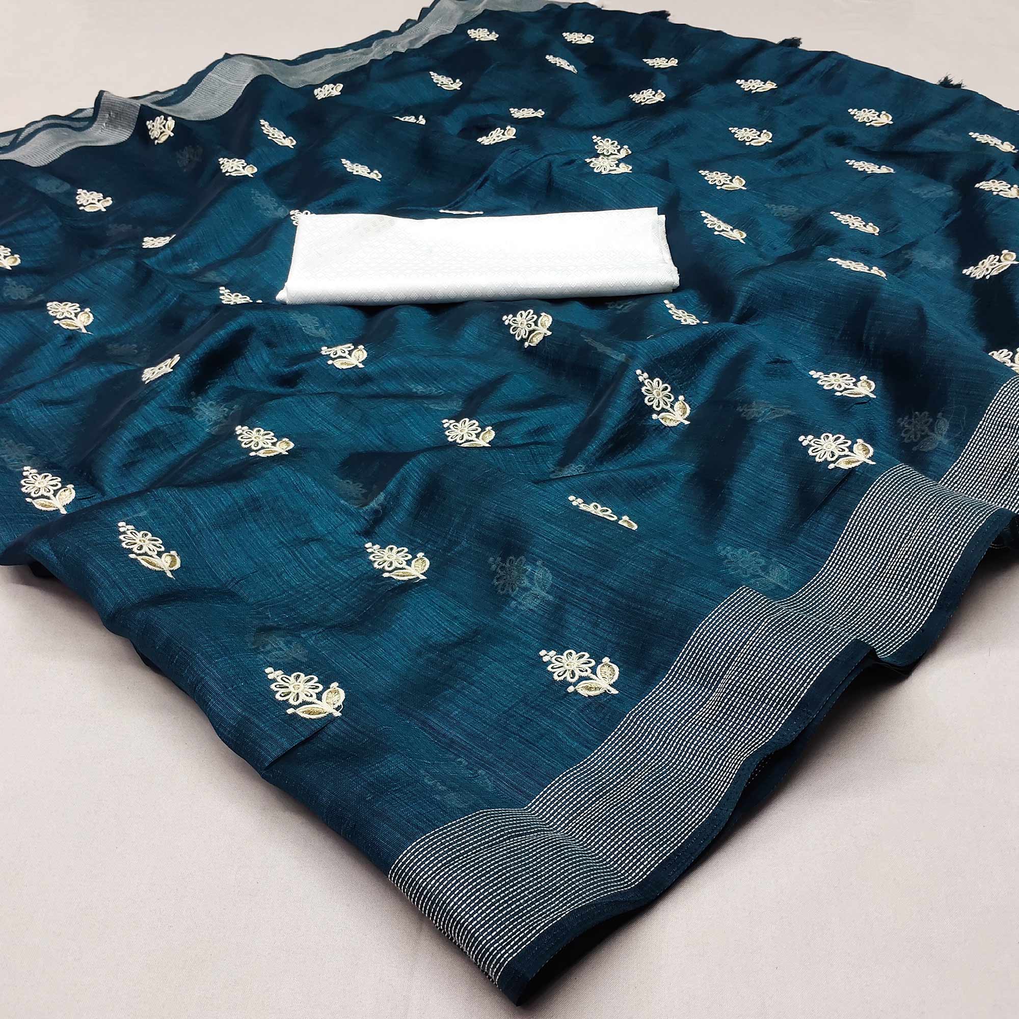 Morpich Floral Embroidered Cotton Blend Saree