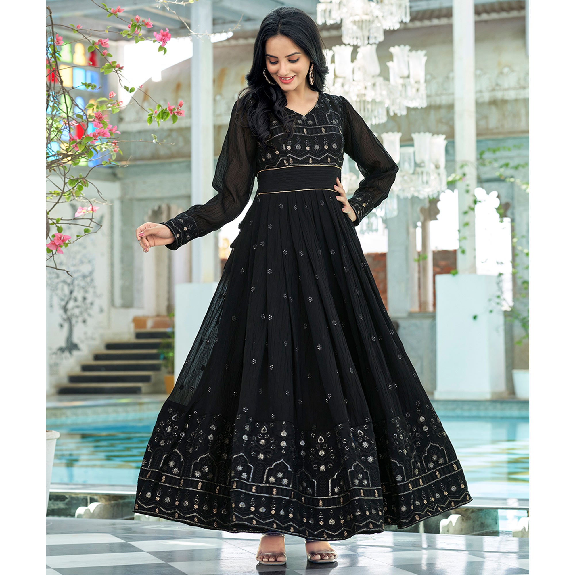 Black Sequins Embroidered Georgette Gown