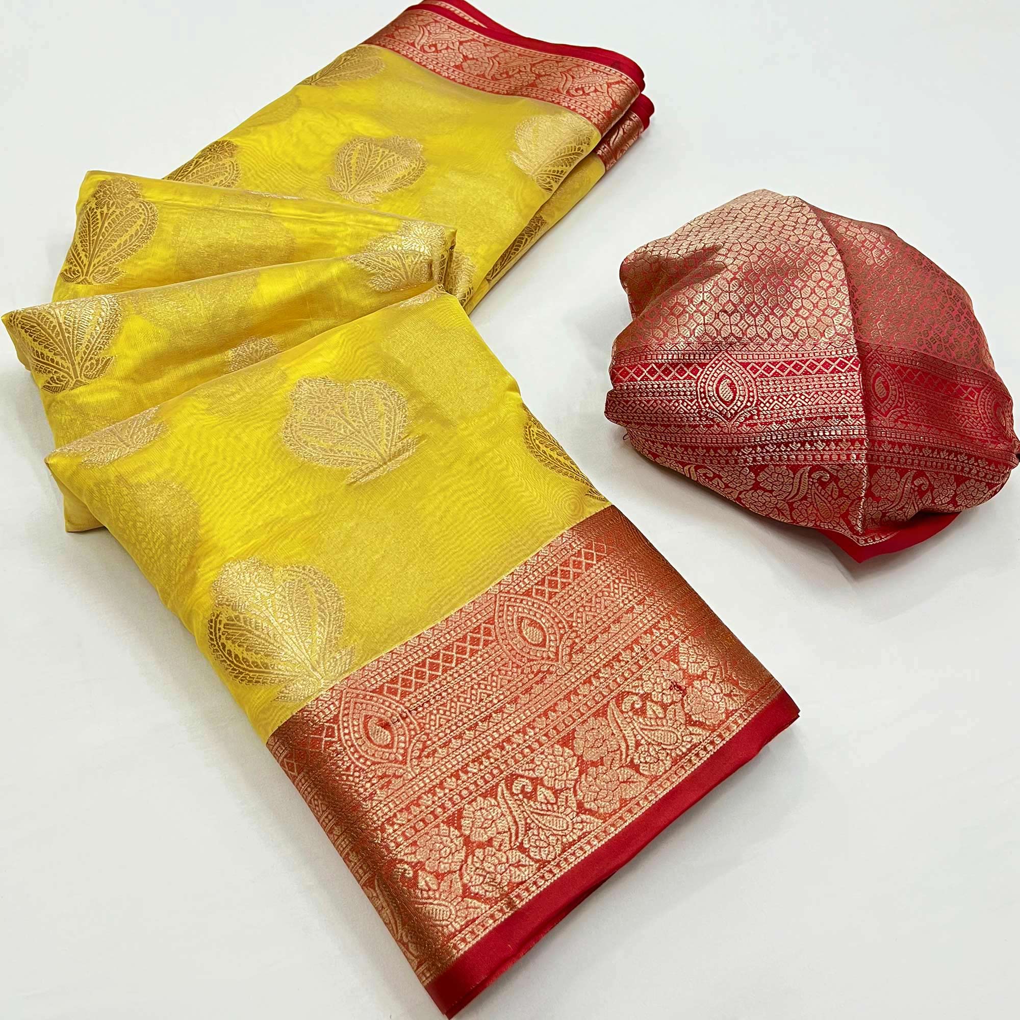 Yellow Floral Woven Organza Saree