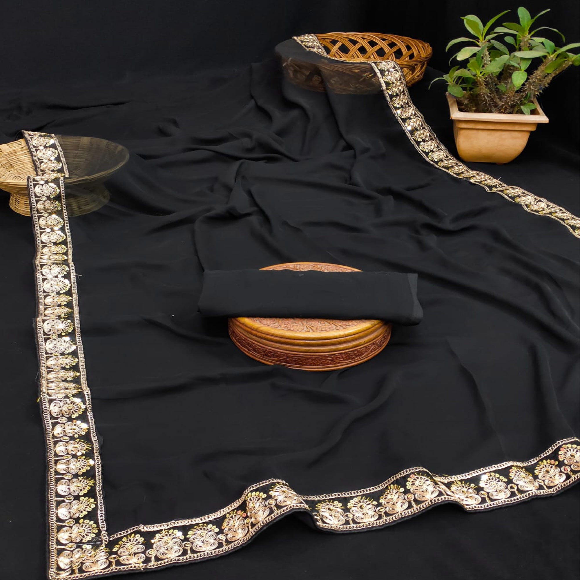 Black Sequins Embroidered Border Georgette Saree