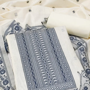 Cream & Blue Floral Woven Pure Cotton Dress Material