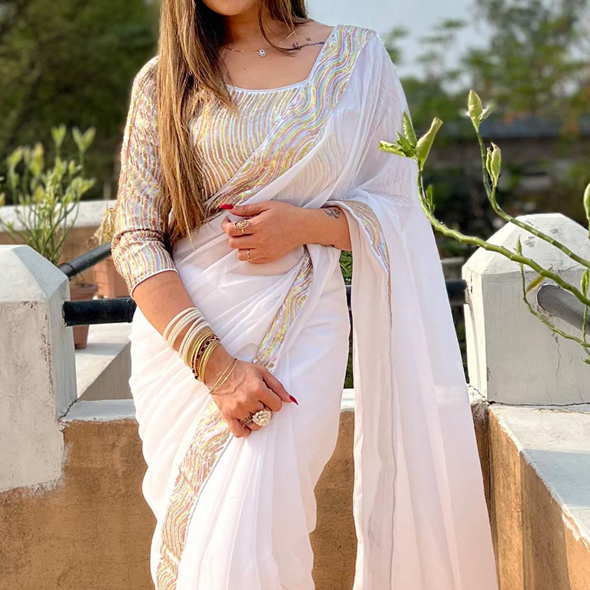 White Sequins Embroidered Georgette Saree