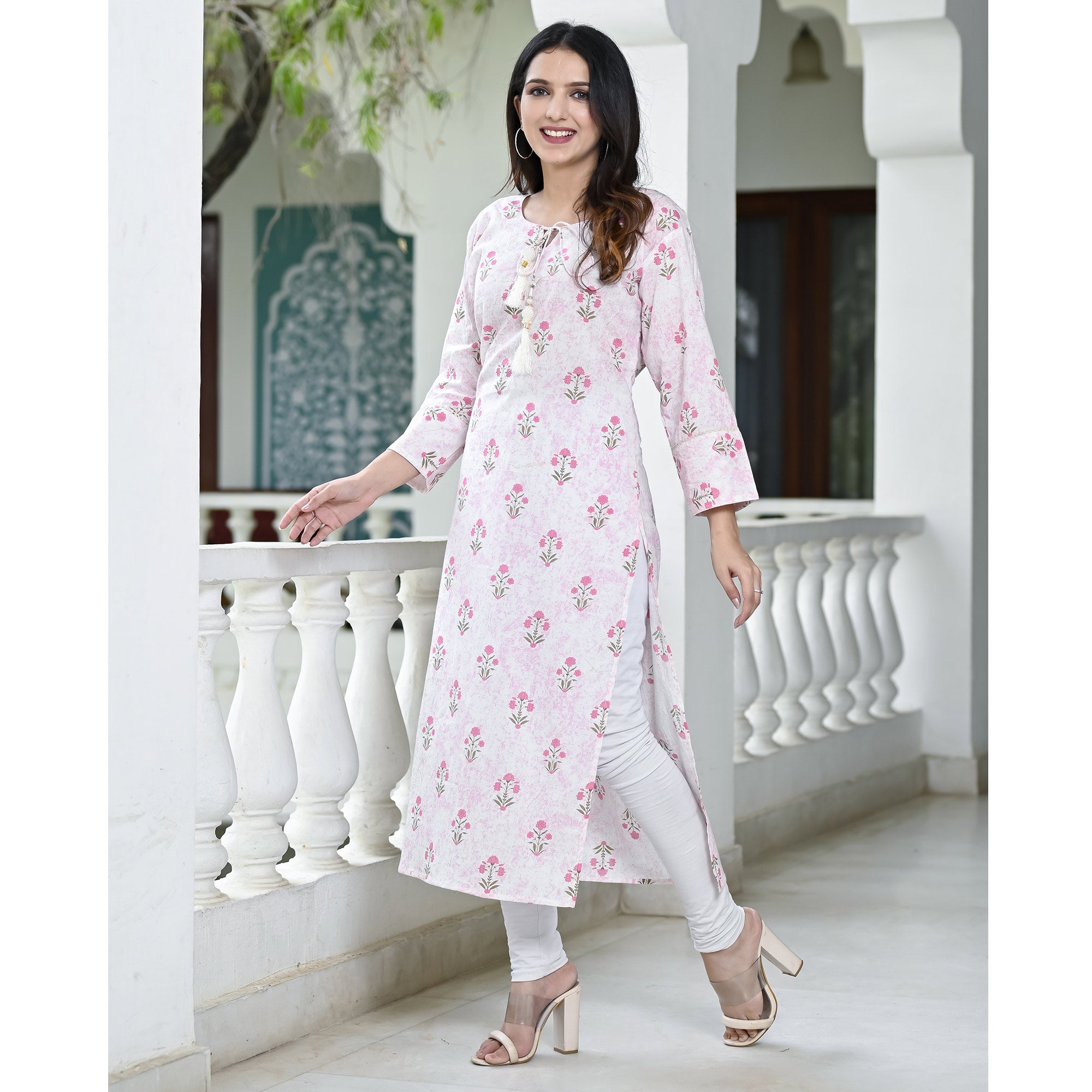 Pink Floral Printed Pure Cotton Long Kurti