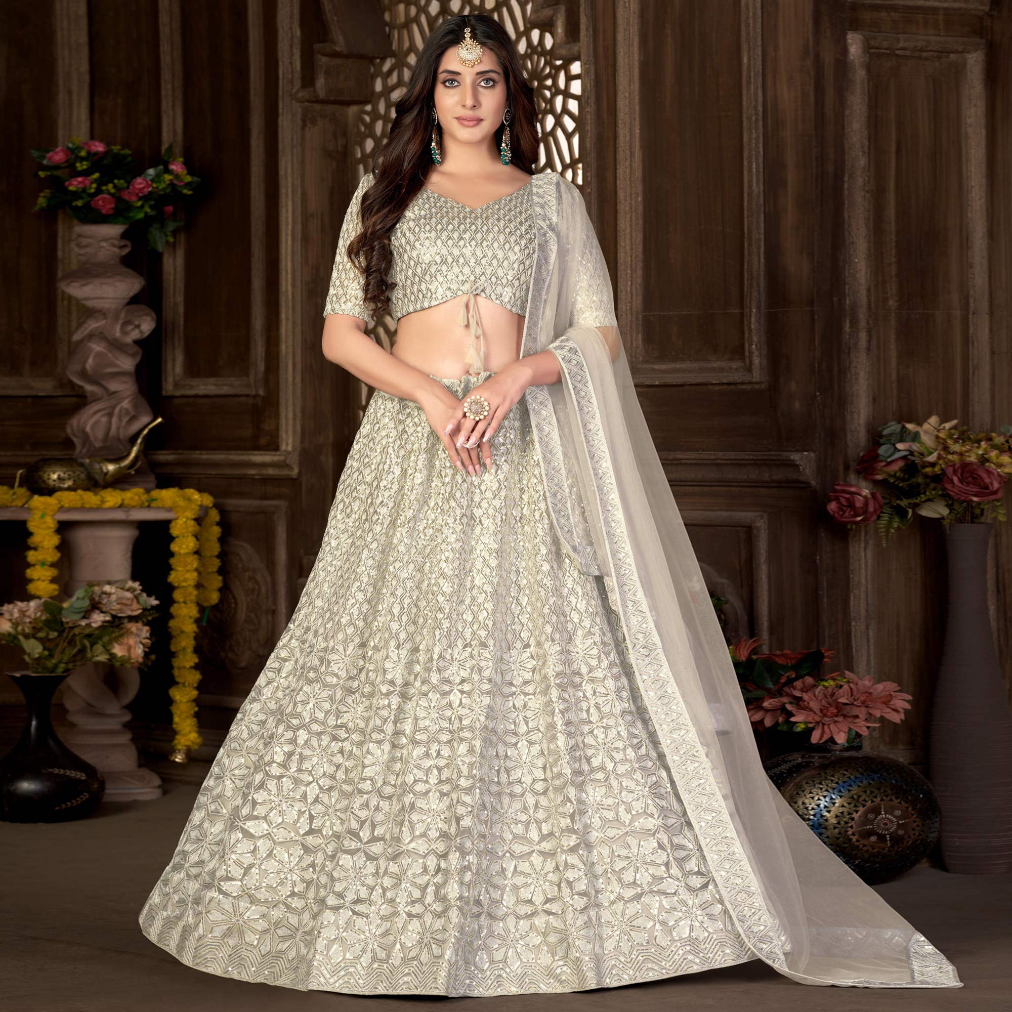 Cream Sequins Embroidered Net Lehenga Choli - Image 1