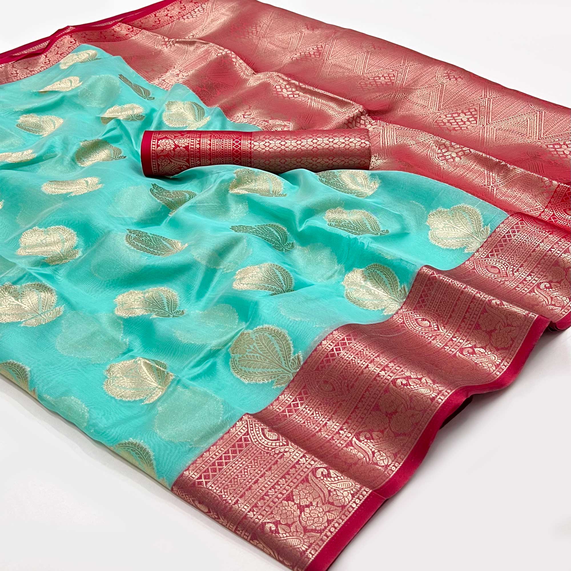 Rama Green Floral Woven Organza Saree