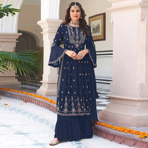 Blue Floral Embroidered Georgette Naira Cut Sharara Suit