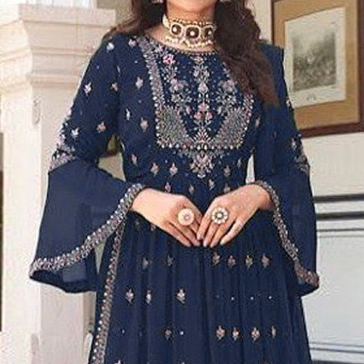 Blue Floral Embroidered Georgette Naira Cut Sharara Suit