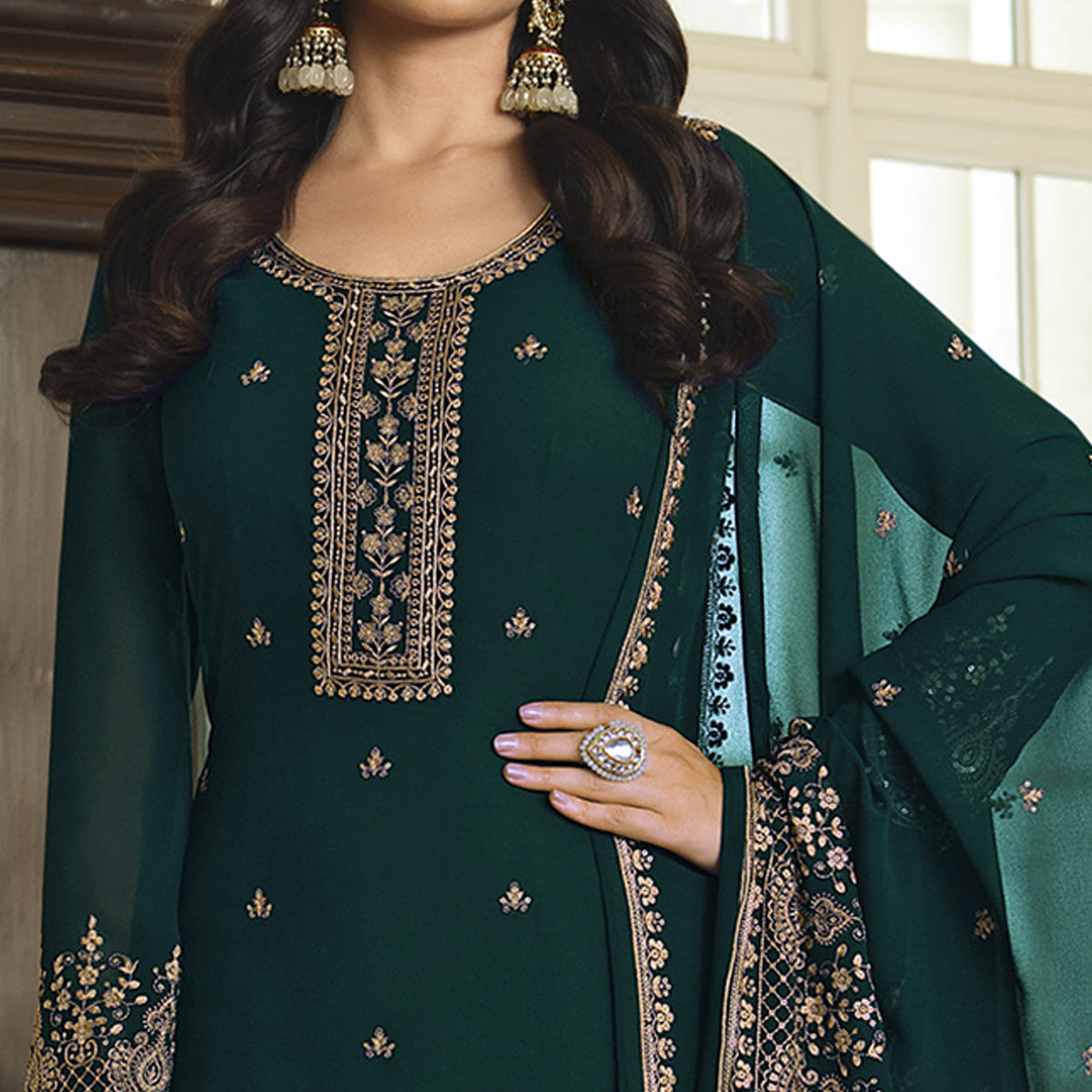 Green Floral Embroidered Georgette Sharara Suit - Image 1
