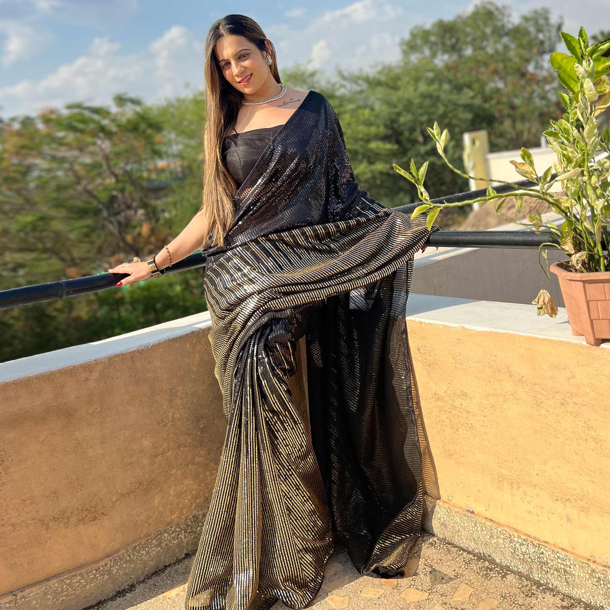Black Sequins Embroidered Georgette Saree - Image 2