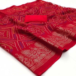 Red Foil Printed Kota Doria Saree