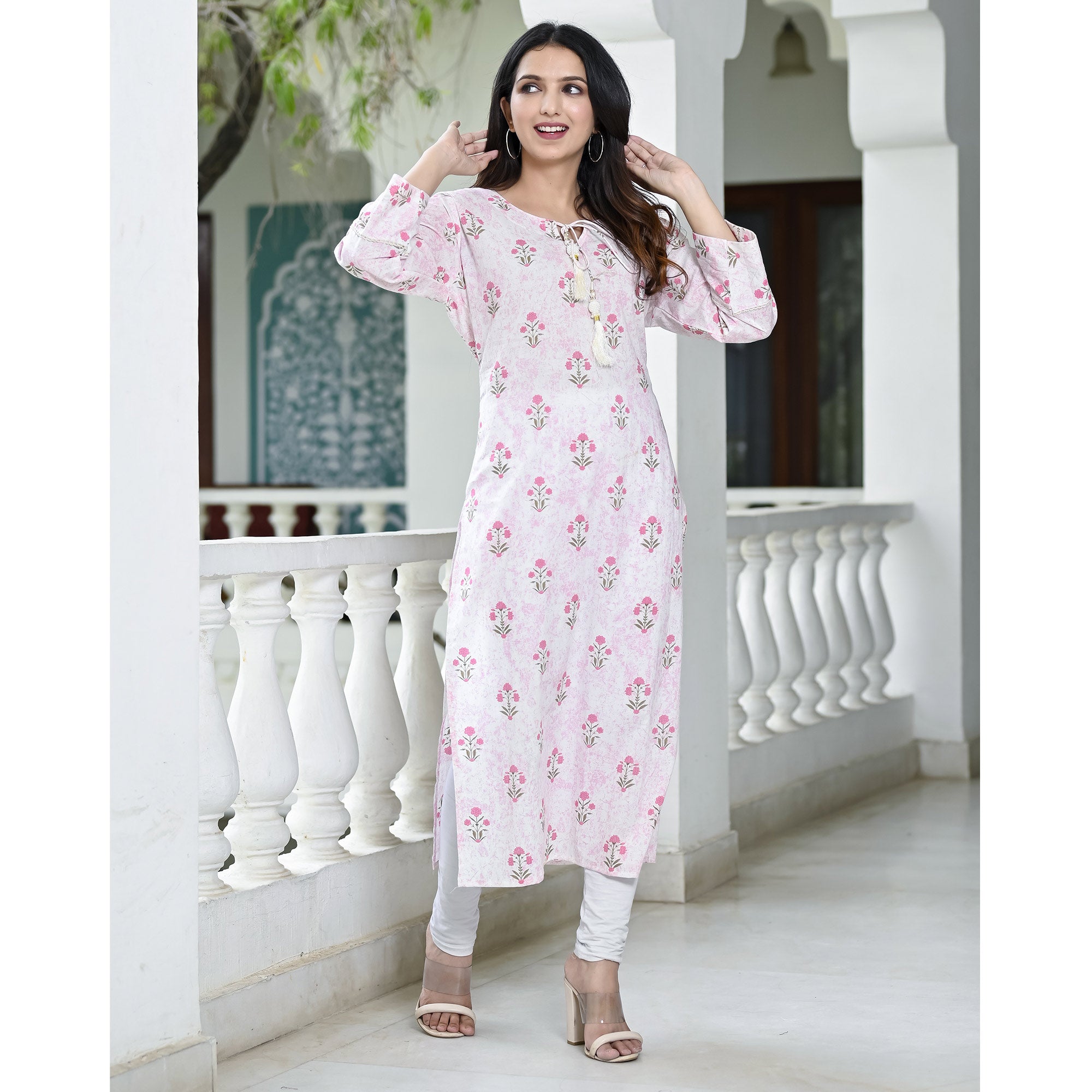 Pink Floral Printed Pure Cotton Long Kurti