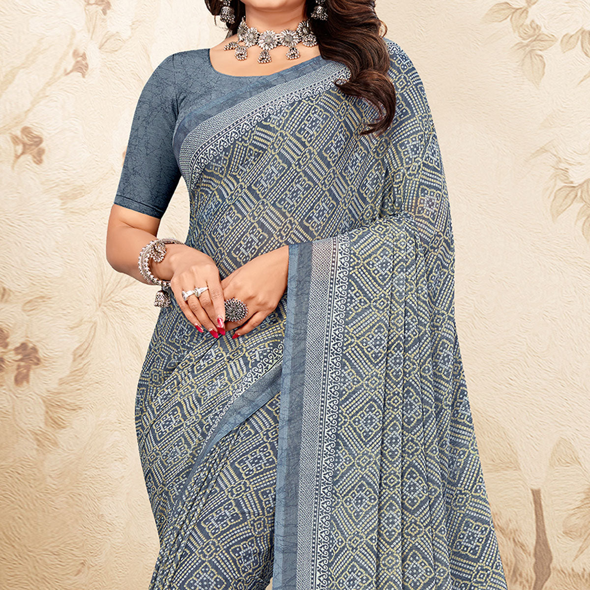 Grey Bandhani Printed Chiffon Saree