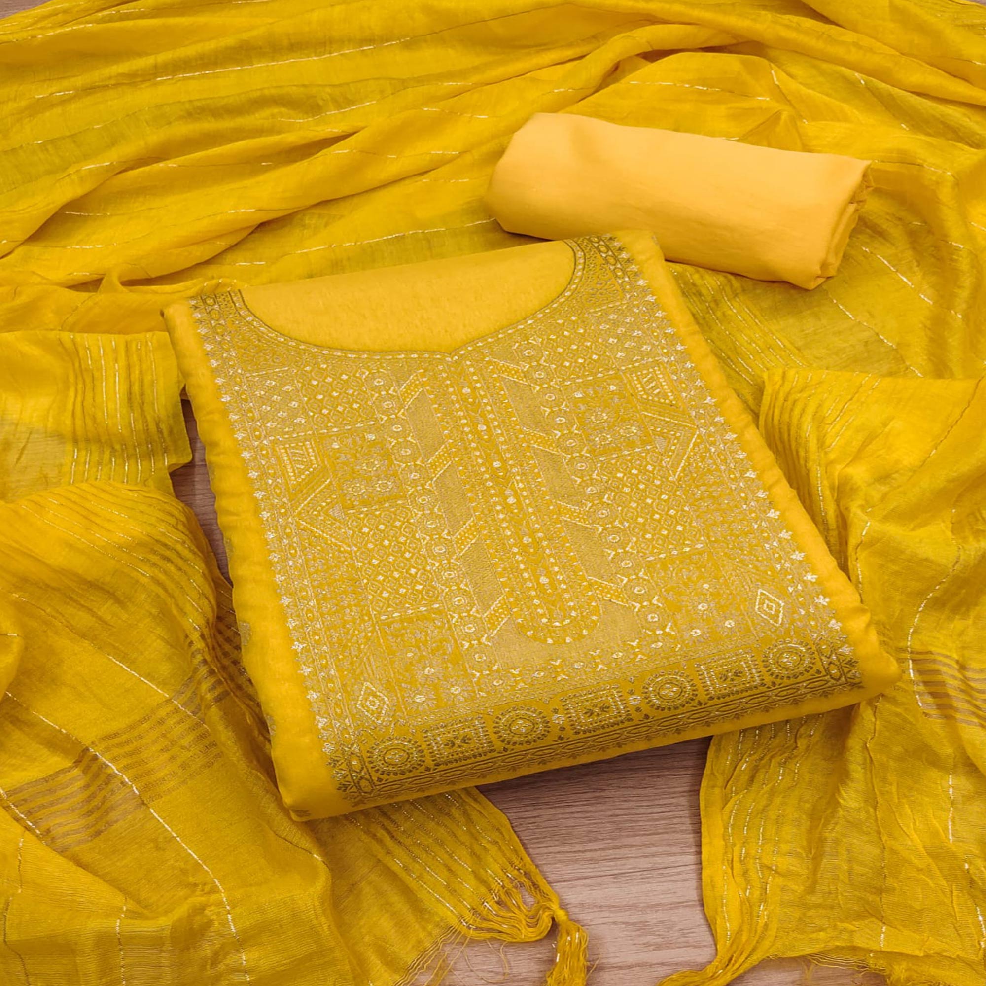 Yellow Woven Banarasi Silk Dress Material