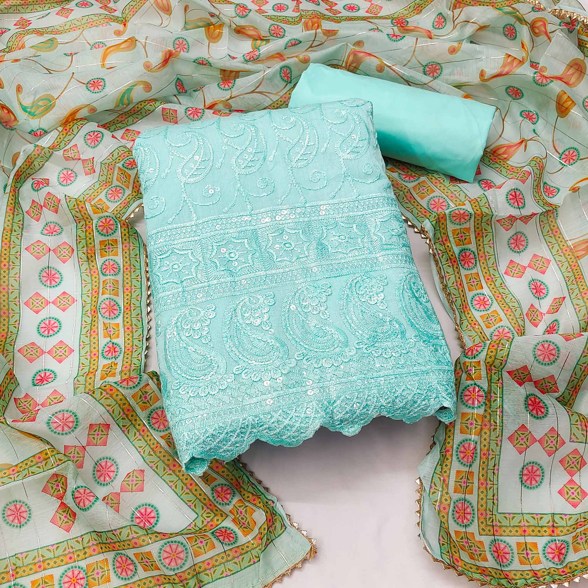 Blue Embroidered Cotton Blend Dress Material