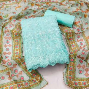 Blue Embroidered Cotton Blend Dress Material