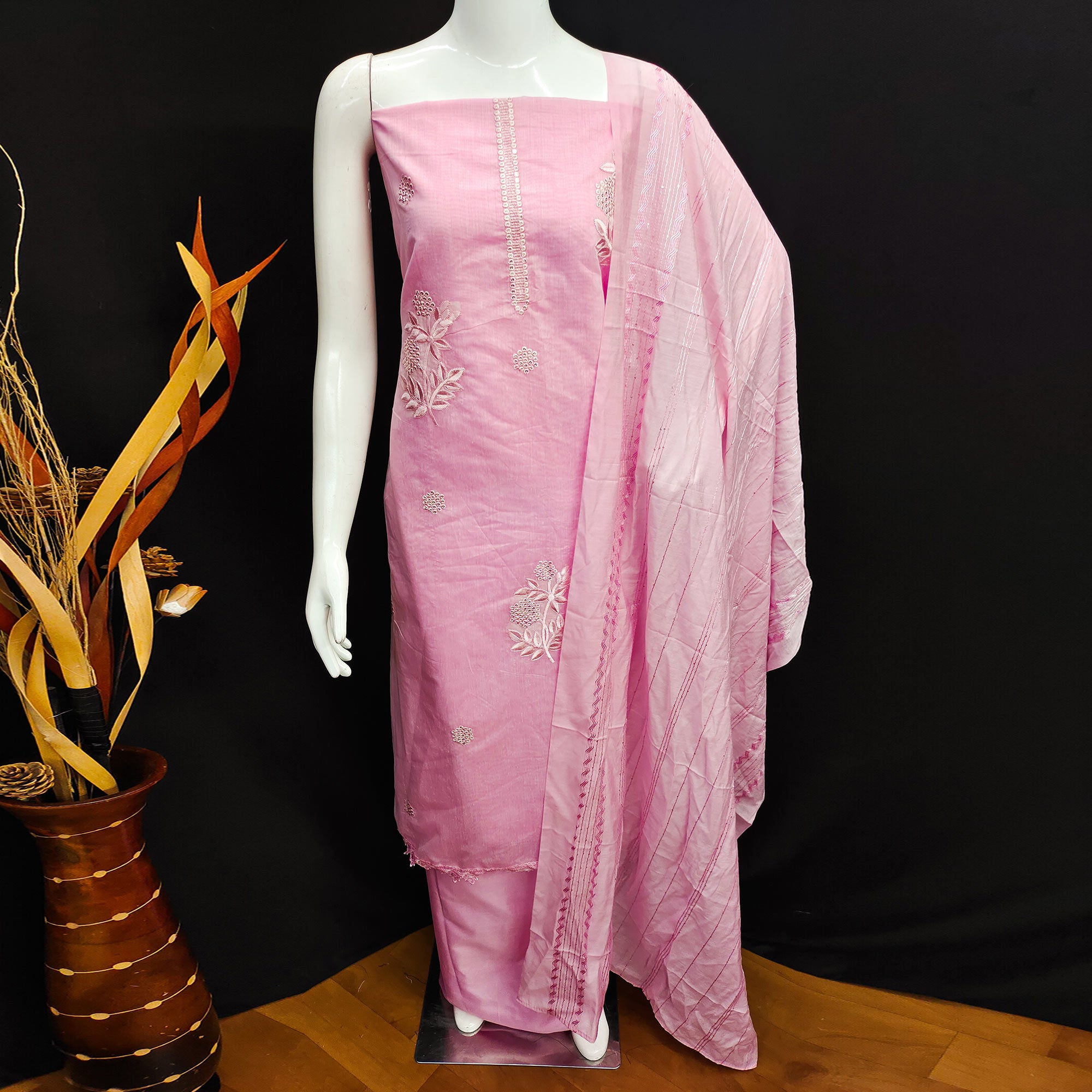 Pink Floral Sequins Embroidered Chanderi Dress Material