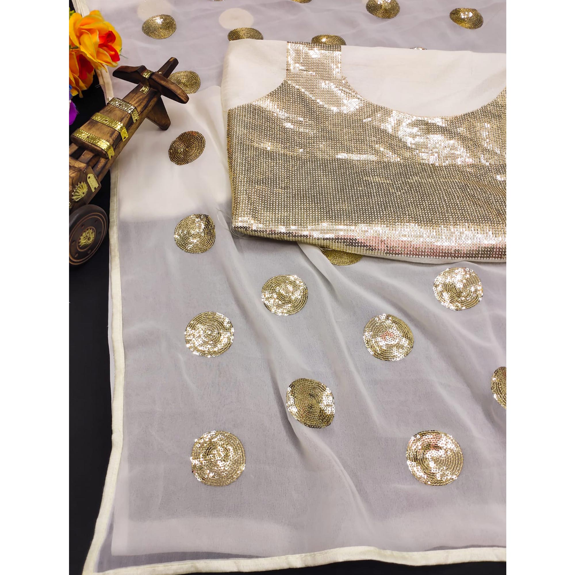 White Sequins Embroidered Georgette Saree