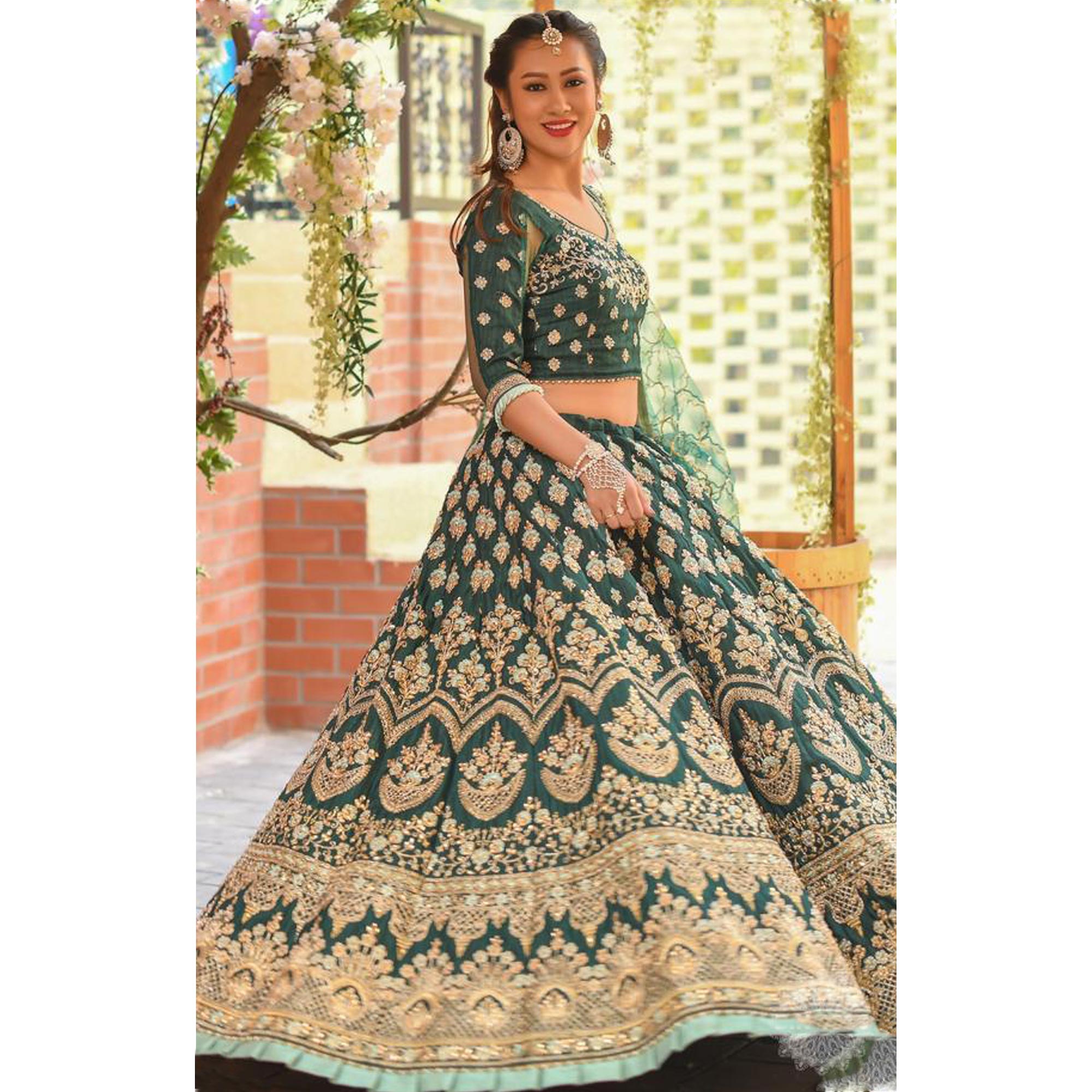 Green Floral Embroidered Pure Silk Lehenga Choli