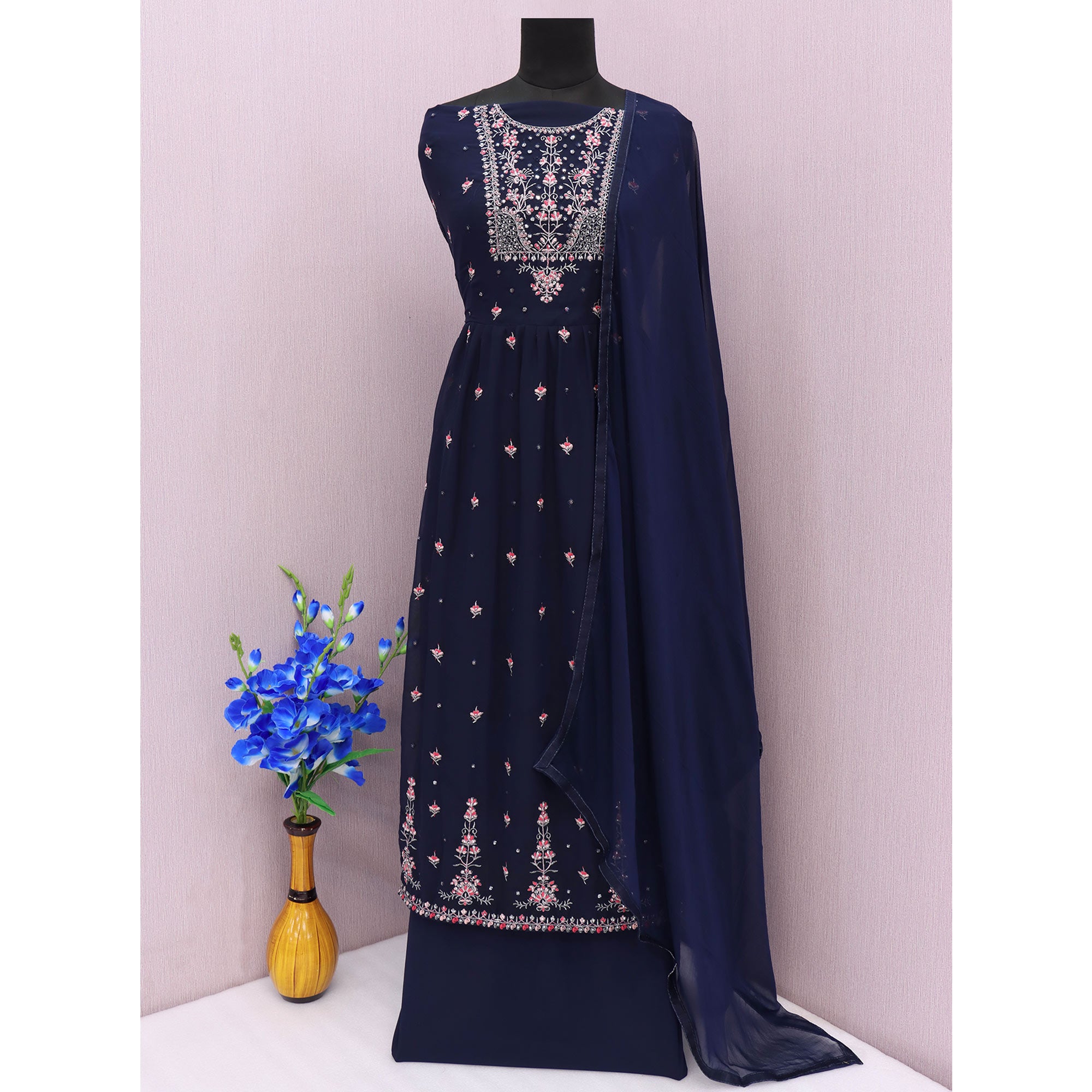 Blue Floral Embroidered Georgette Naira Cut Sharara Suit