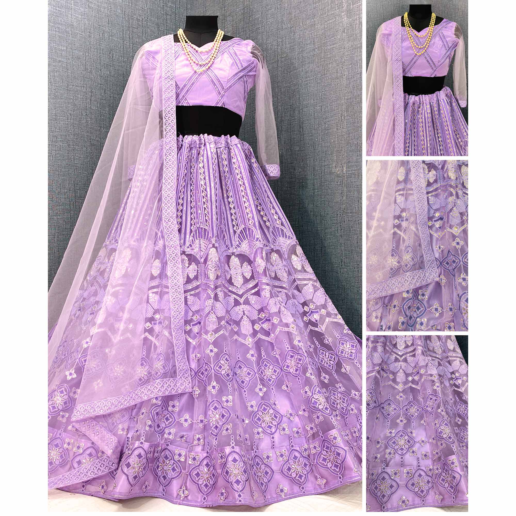 Violet Sequins Embroidered Netted Lehenga Choli - Image 1