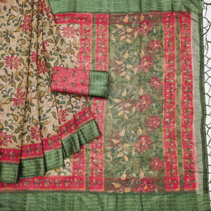 Green Floral Digital Printed Cotton Blend Saree