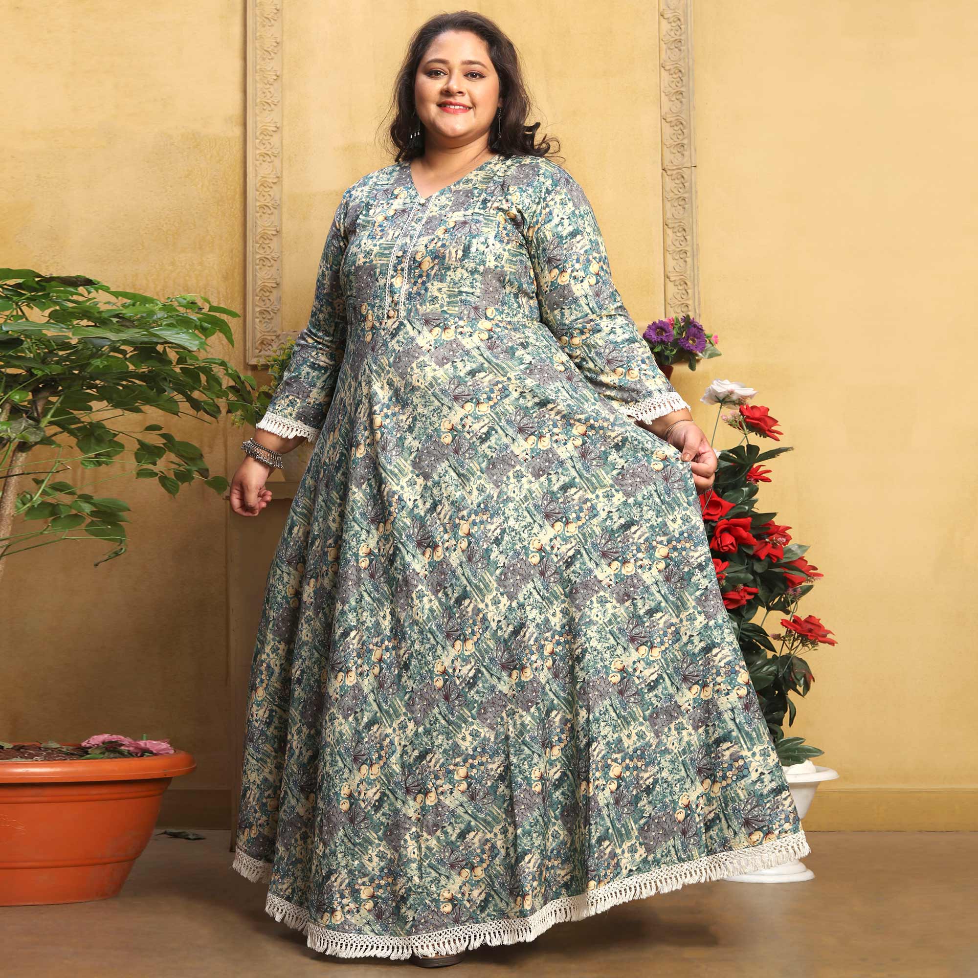 Green Floral Printed Rayon Long Kurti