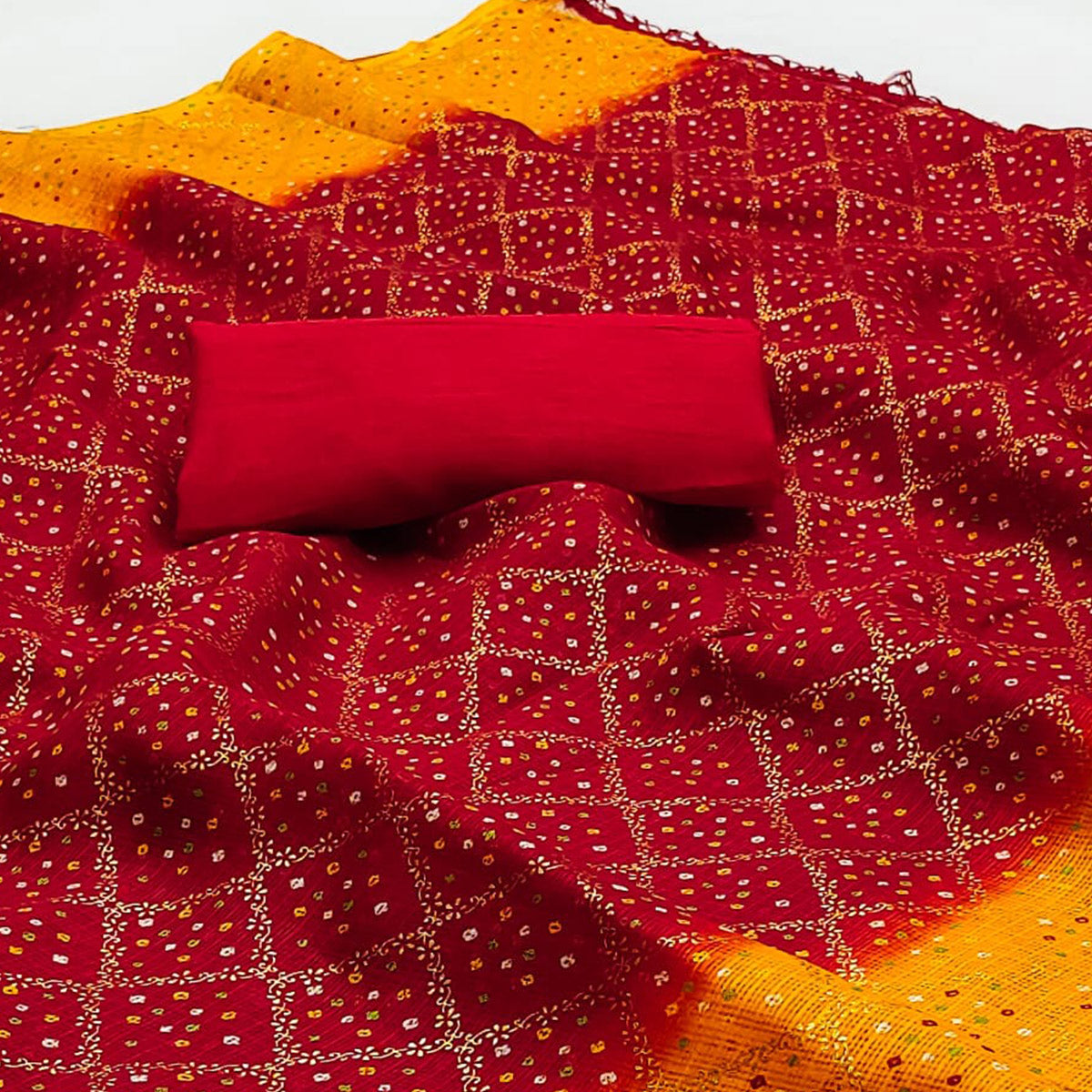 Red & Yellow Foil Printed Kota Doria Saree