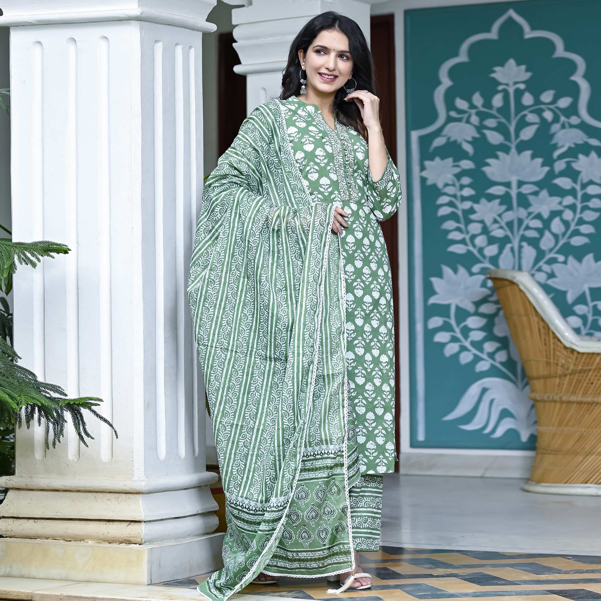 Green Floral Printed Pure Cotton Suit