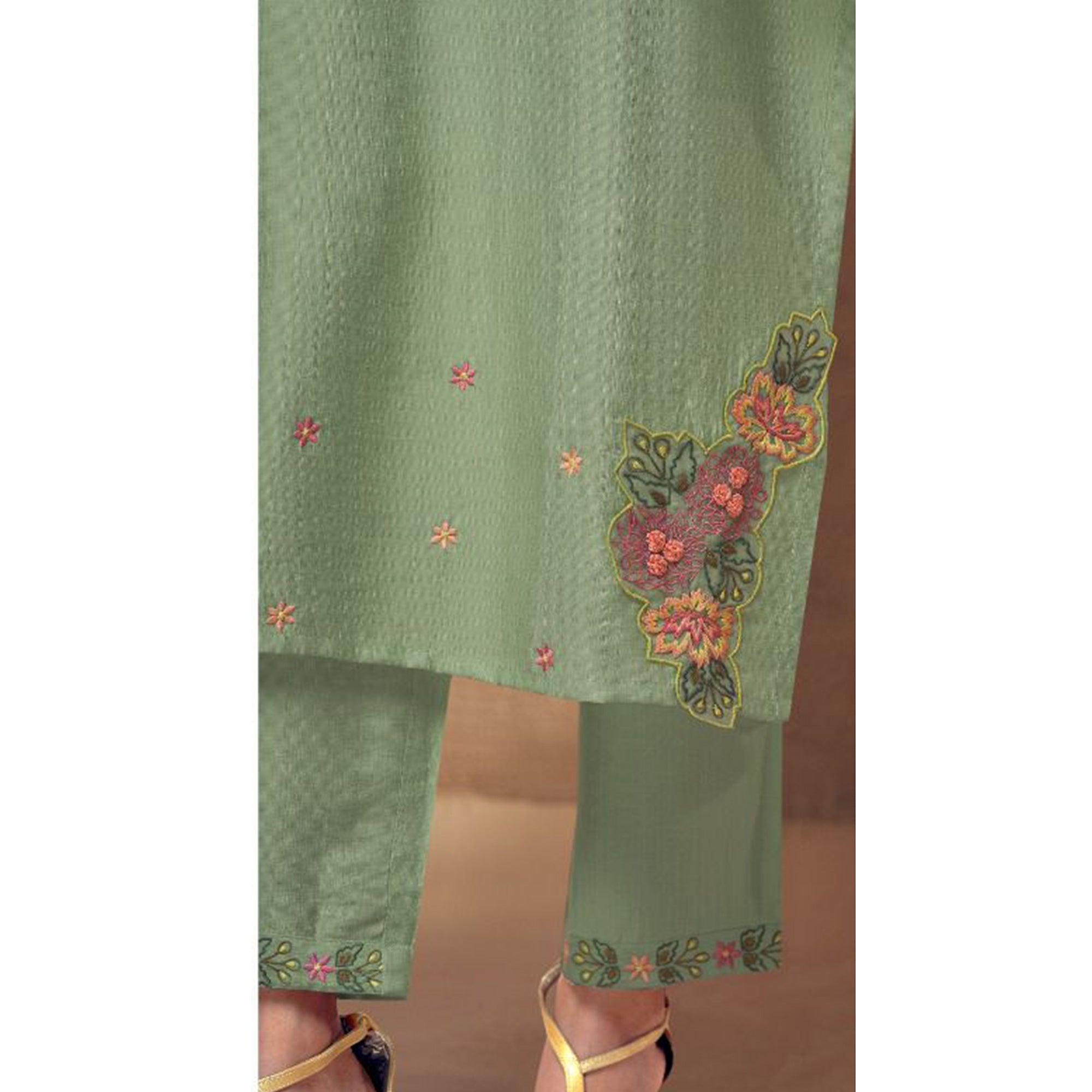 Green Floral Embroidered Viscose Suit