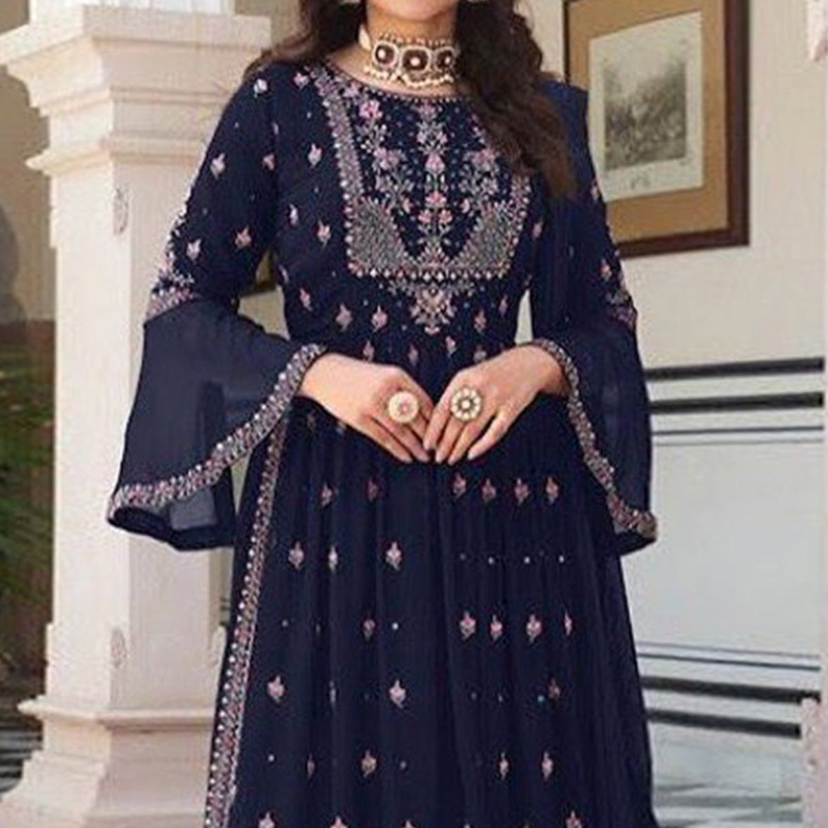 Blue Floral Embroidered Georgette Naira Cut Sharara Suit