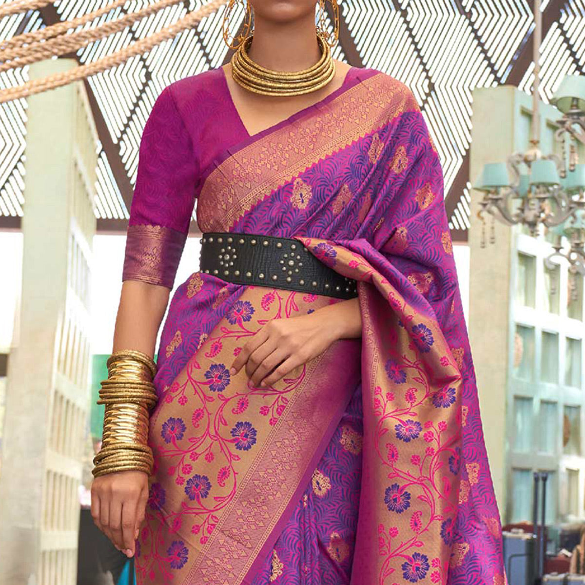 Violet Floral Woven Art Silk Saree With Tassels