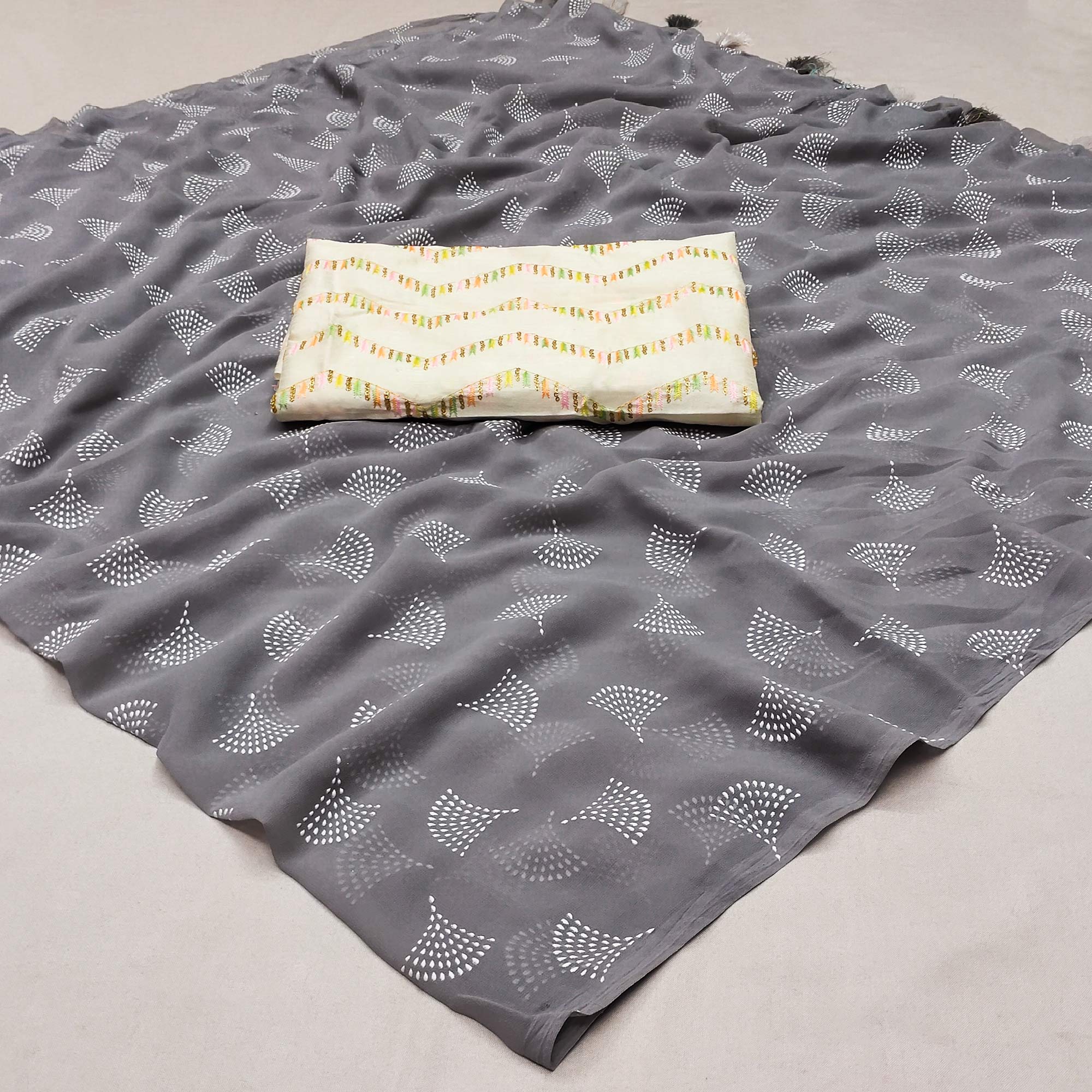 Grey Foil Printed Georgette Saree