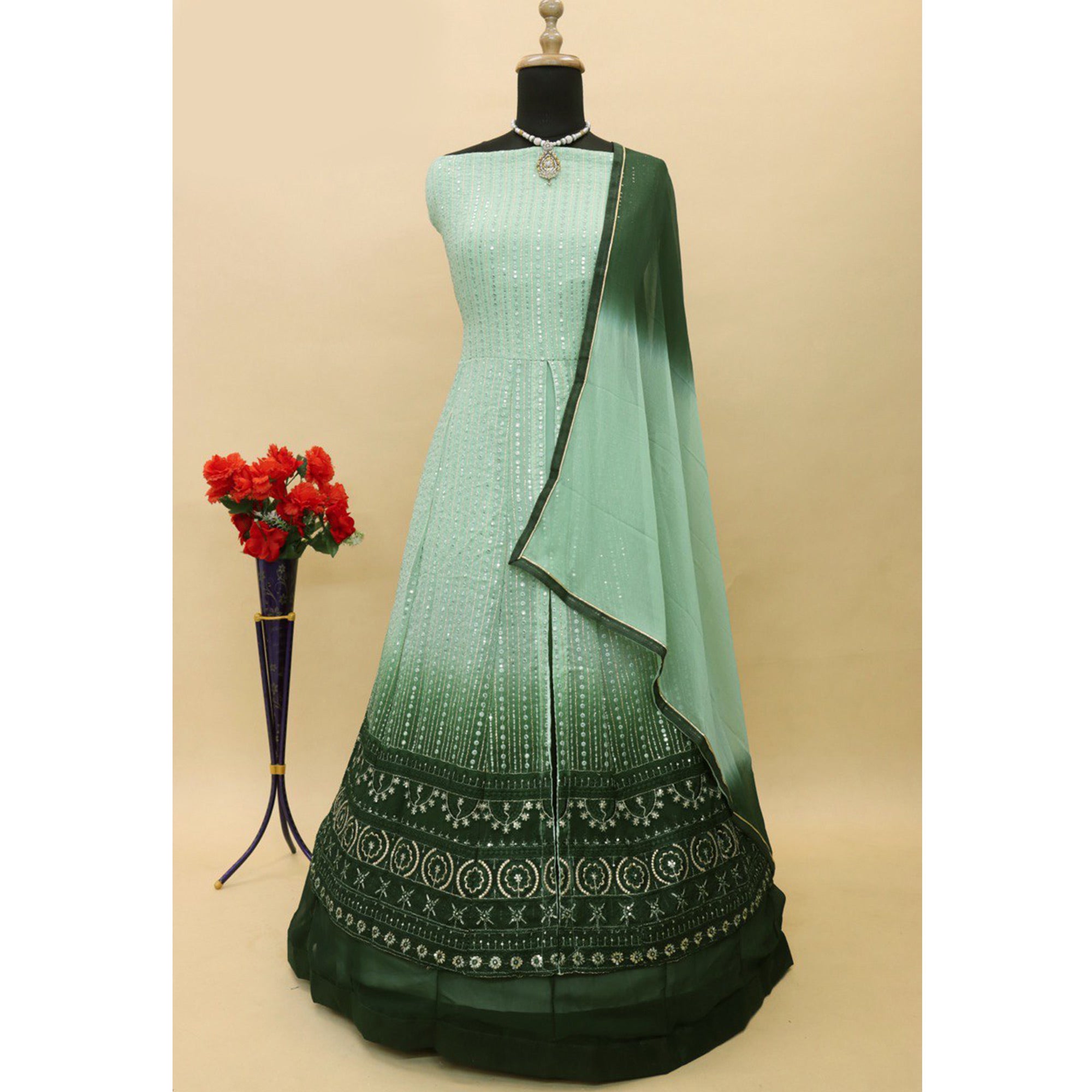 Green Sequins Embroidered Georgette Front Slit Suit
