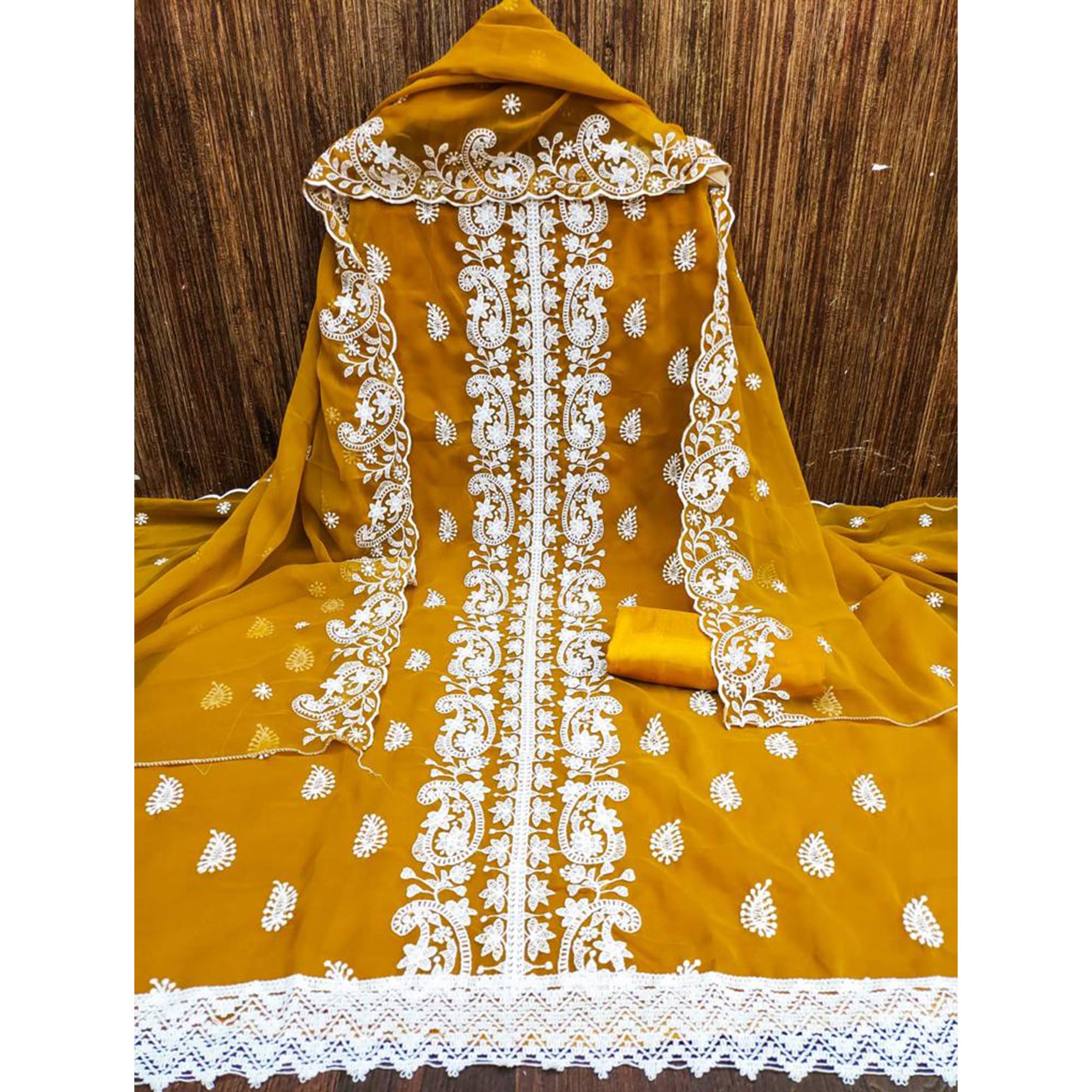 Mustard Embroidered Georgette Dress Material