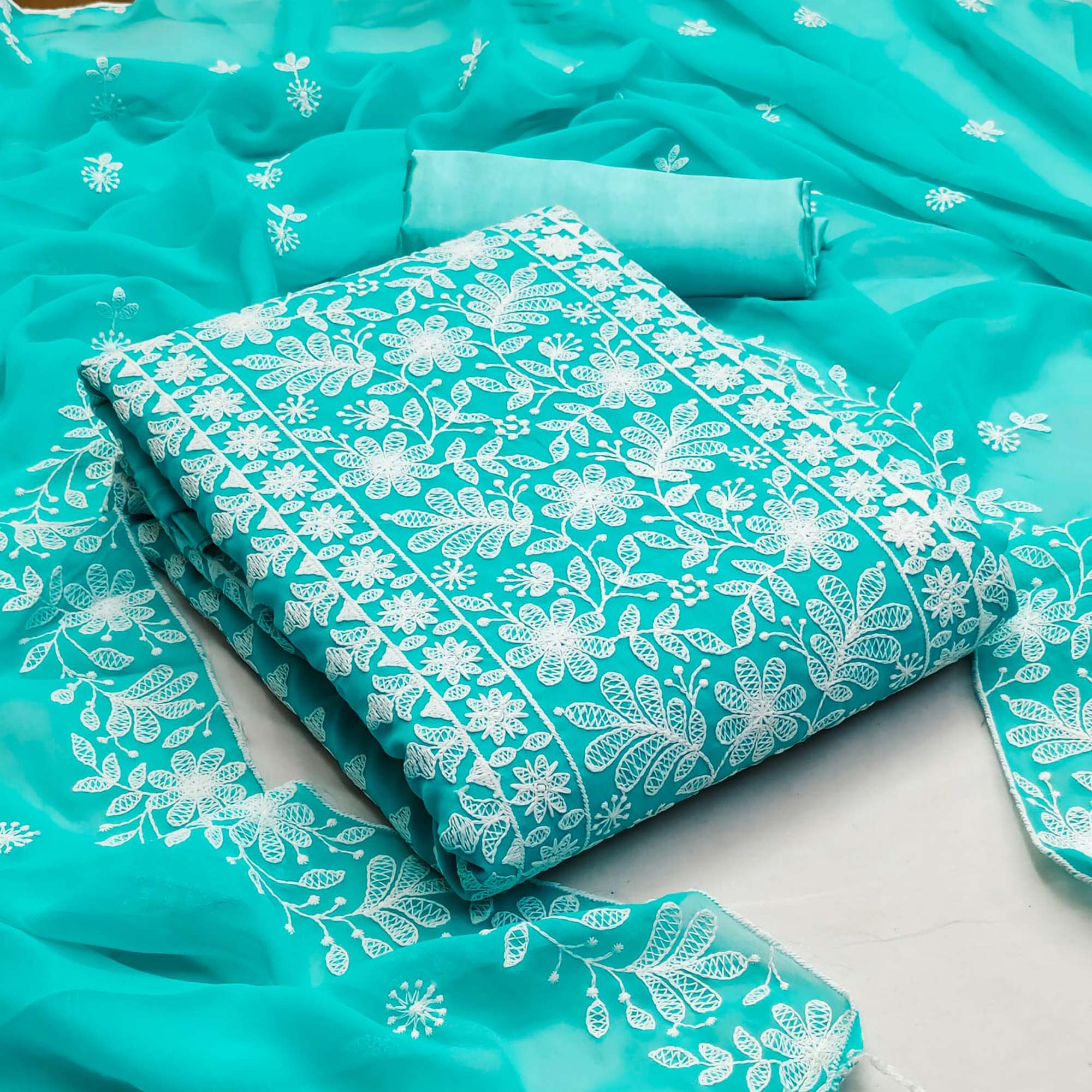 Turquoise Floral Embroidered Georgette Salwar Suit - Image 1