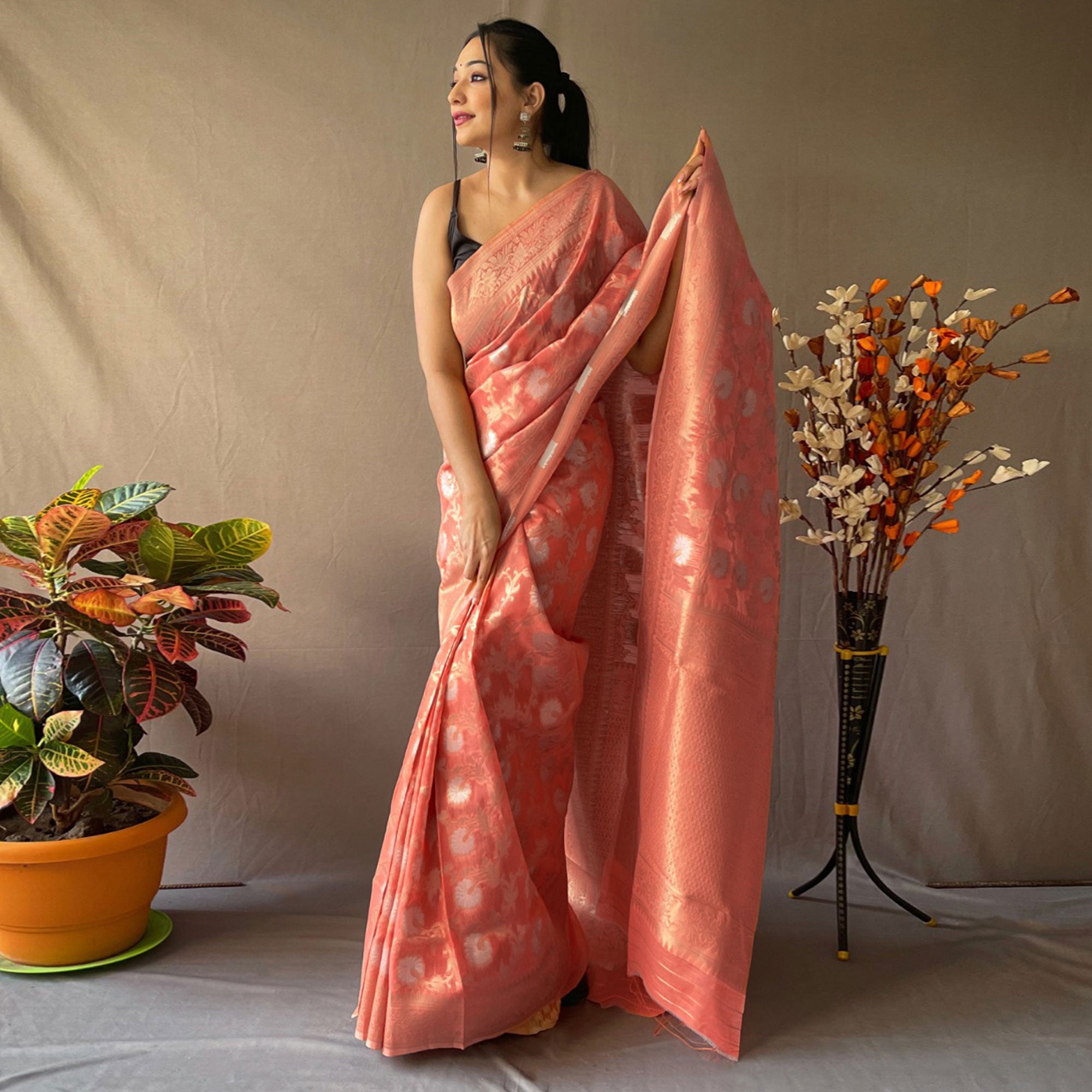 Peach Floral Woven Linen Saree