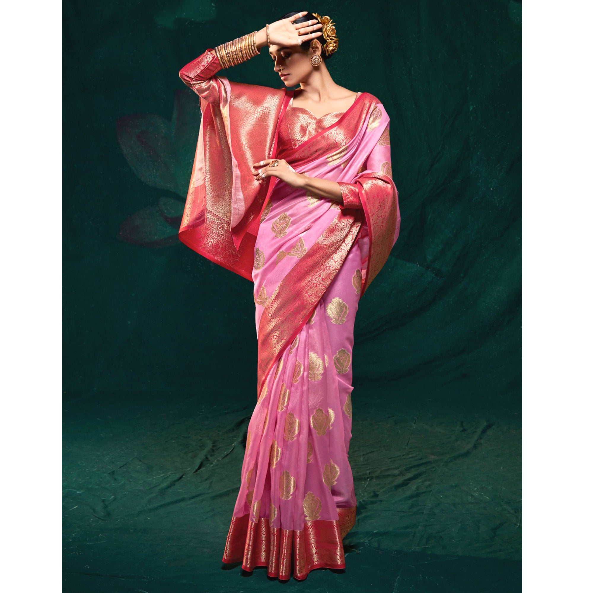 Pink Floral Woven Organza Saree