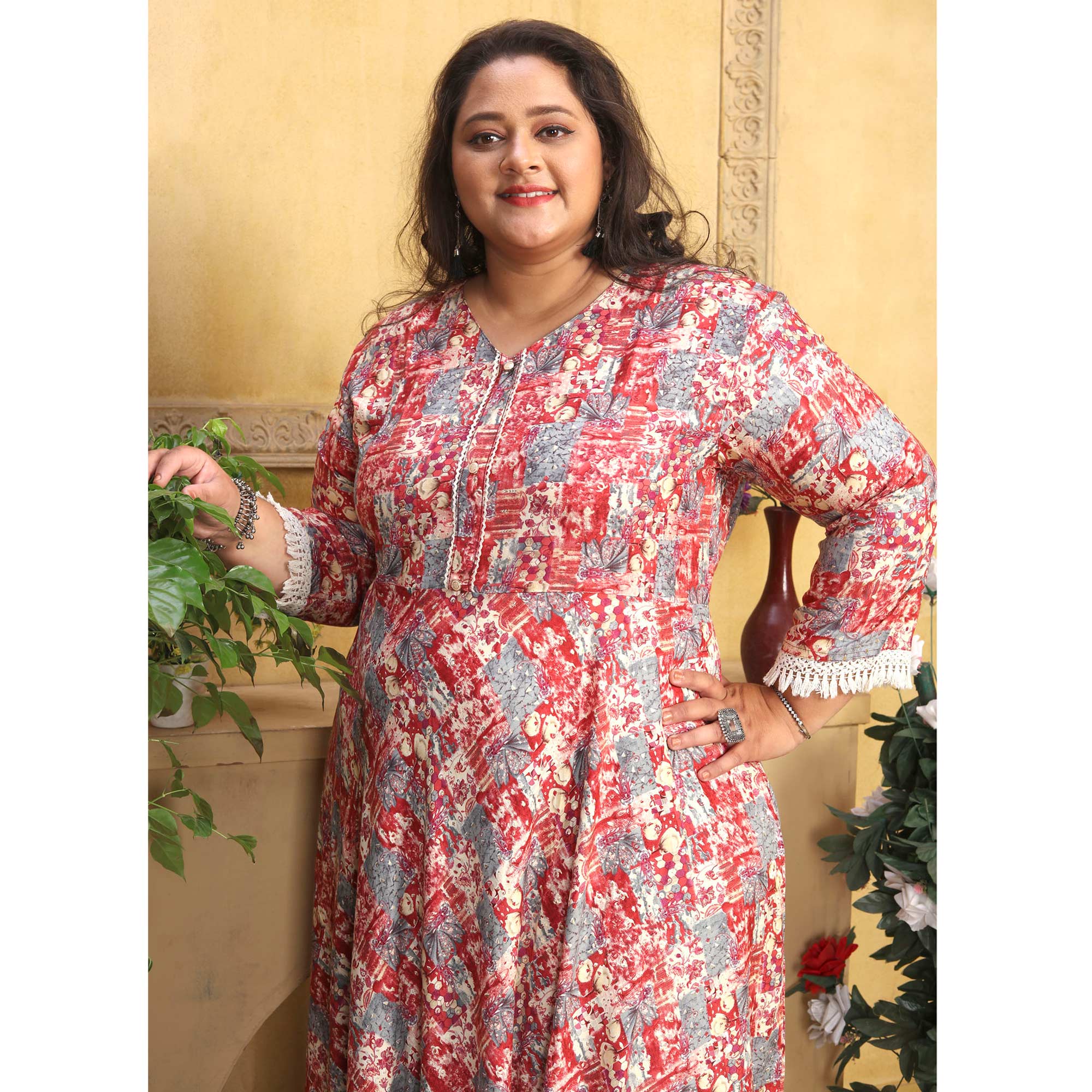 Red Floral Printed Rayon Long Kurti