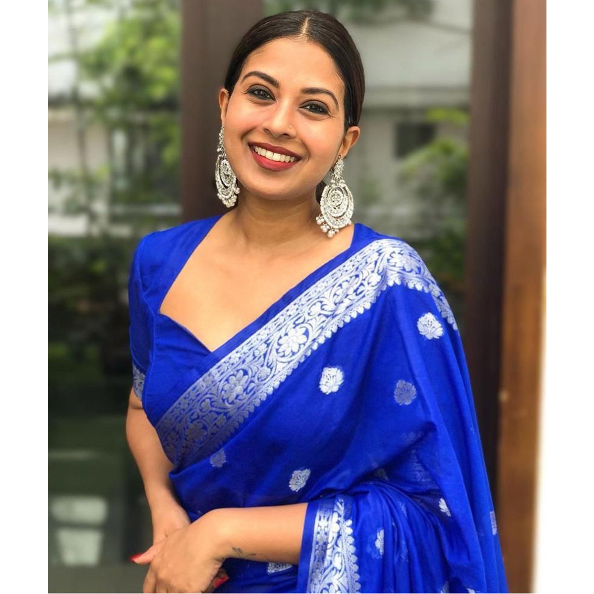 Blue Floral Woven Art Silk Saree