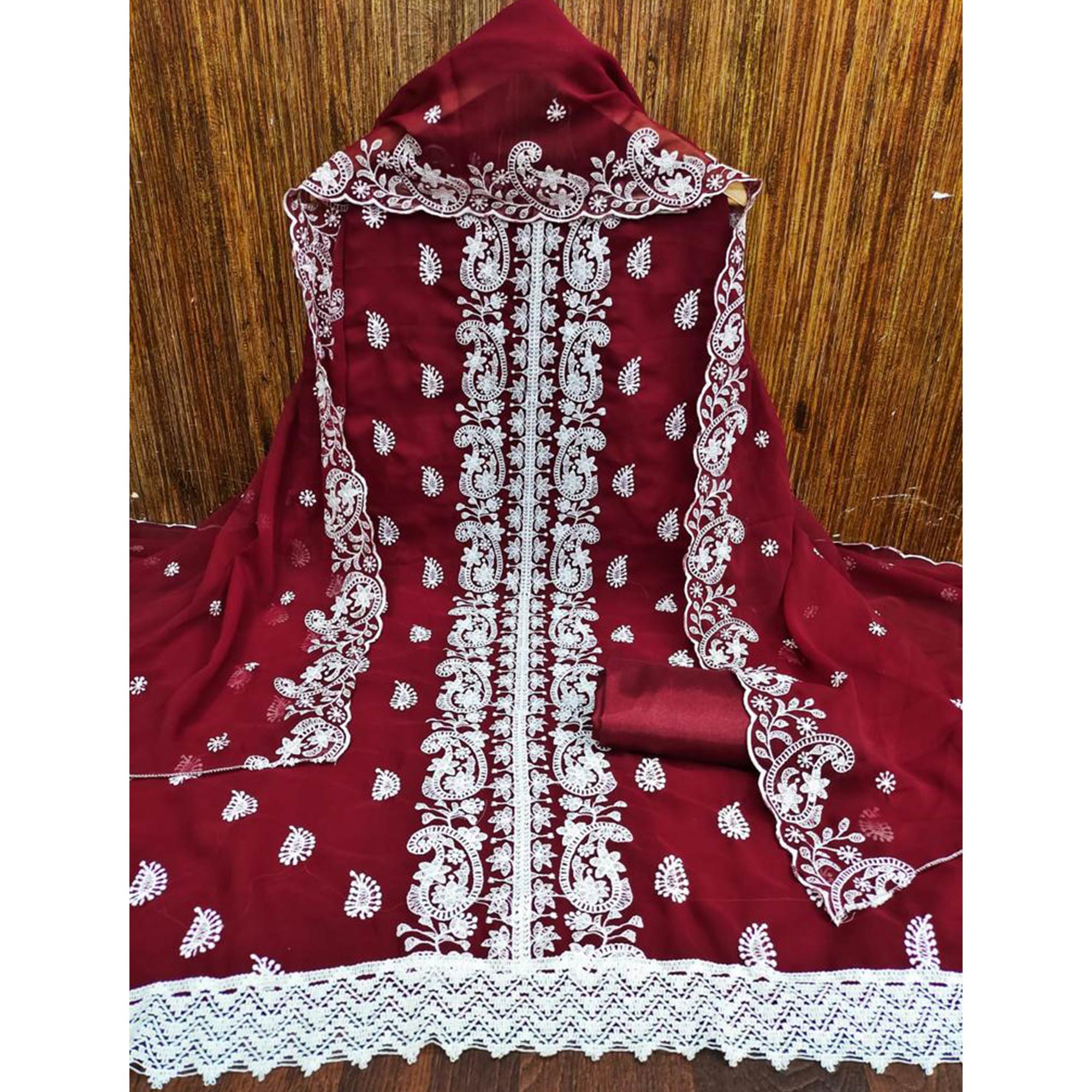 Maroon Embroidered Georgette Dress Material