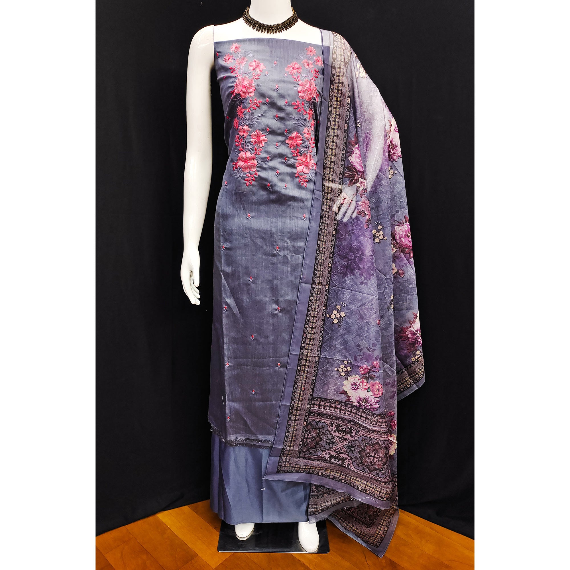 Purple Floral Sequins Embroidered Art Silk Dress Material