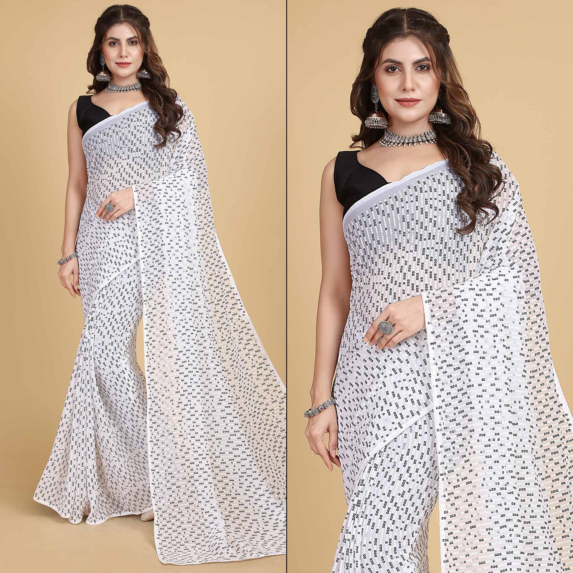 White & Black Sequins Embroidered Georgette Saree