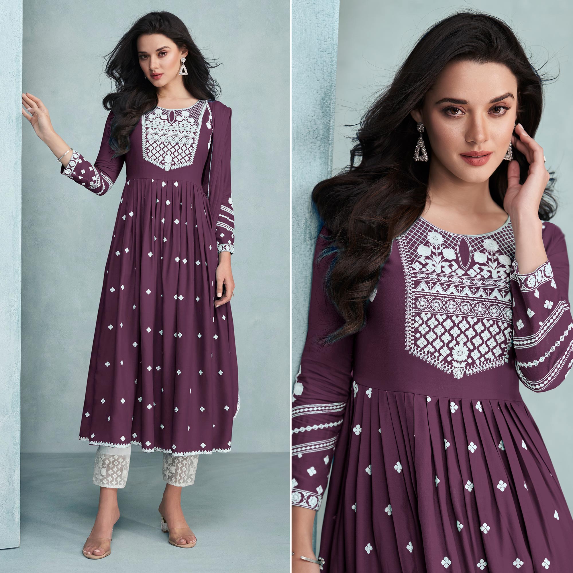 Wine Lucknowi Work Rayon Naira Cut Suit